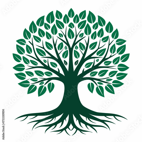 Stylized green tree with visible roots and leaves