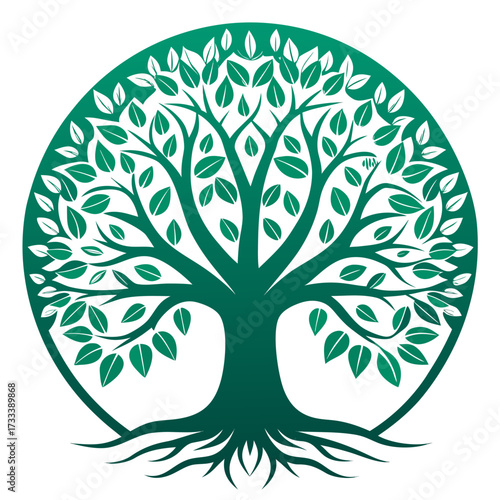 Stylized green tree of life with roots and leaves