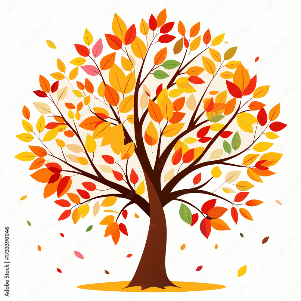 Fototapeta premium Vibrant autumn tree with falling leaves