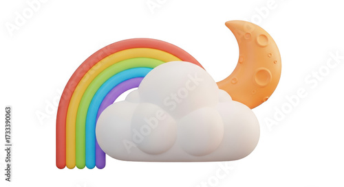 3D Rendered Rainbow Cloud Moon Icon crescent moon night isolated on a transparent background