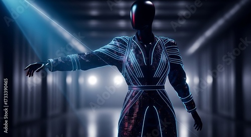 Futuristic fashion concept showcasing elegance and innovation, ideal for modern design projects, techwear inspiration, and cutting-edge creative visuals