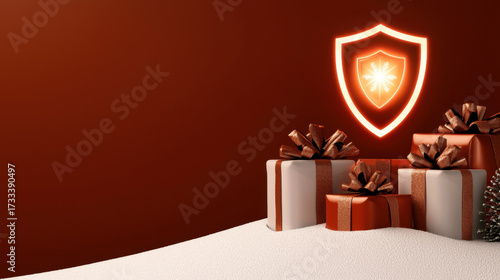 Christmas cyber security technology concept with glowing shield icon, festive gift boxes, snow and pinecone on red background, joyful holiday mood