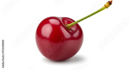 Single red cherry with green stem isolated on white background