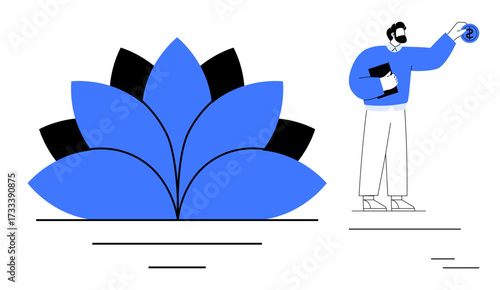 Man holding document and coin near symbolic blue lotus flower, representing growth, balance, and prosperity. Ideal for business, wellness, mindfulness, progress nature investment self-care. Simple
