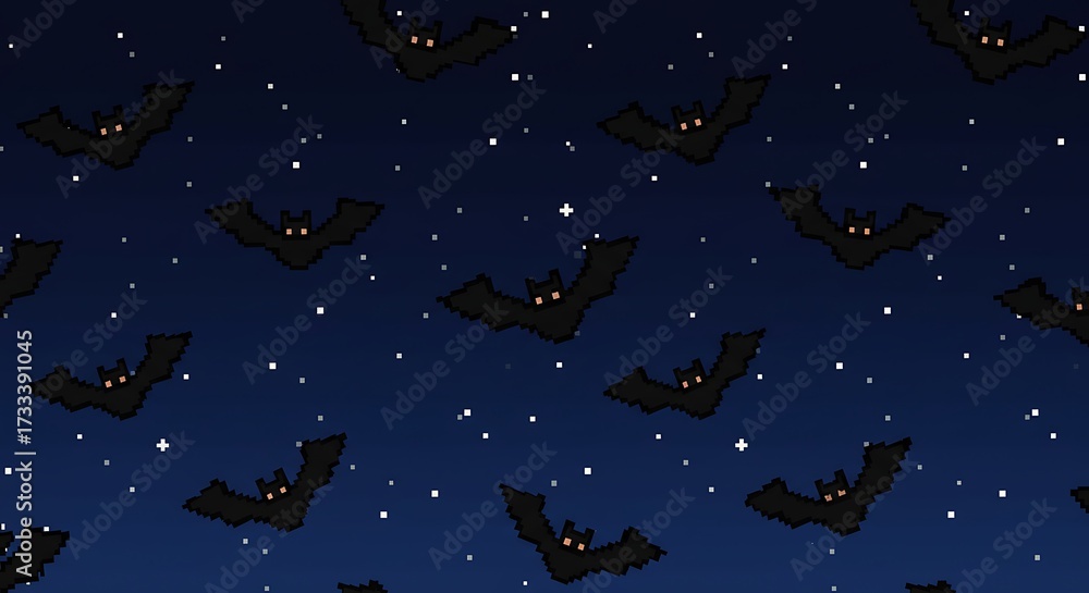 Repeating bat pattern on dark blue backdrop with scattered white dots