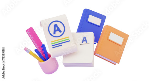 3D School Supplies: Ruler, Pencils, Pens, Books, and Papers on Transparent Background education isolated on a transparent background
