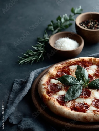 Pizza with tomato sauce on a dark background, Italian food