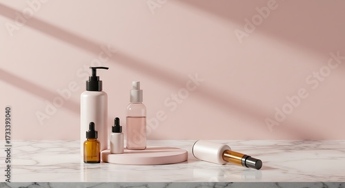 Skincare products composition with shadows and pink background copy space