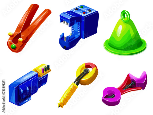This vibrant 3D render features a set of six distinct electrical tools and devices. It includes a lightbulb, a multicolored electrical socket, a hand-held electrical tool, a wrench, pliers, and a purp