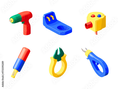 This vibrant 3D render features a set of six distinct electrical tools and devices. It includes a lightbulb, a multicolored electrical socket, a hand-held electrical tool, a wrench, pliers, and a purp