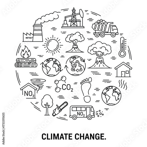 Vector art of climate change icons and environmental issues illustrated in circular design