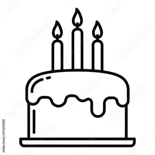 Vector art of simple black and white birthday cake with three candles