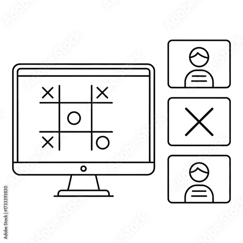Vector art of tictactoe game on computer screen with player icons
