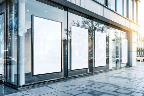Urban Retail Showcase: The clean lines of a modern storefront with large glass windows provide a blank canvas for the advertising or artwork within a bustling city. 