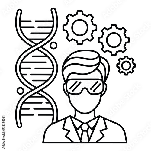 Vector art of scientist with dna and gears icon representing biotechnology and engineering research