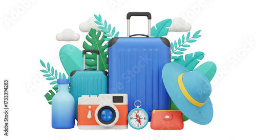 3D Travel Essentials With Suitcases Camera Hat Compass and Tropical Leaves vacation luggage isolated on a transparent background