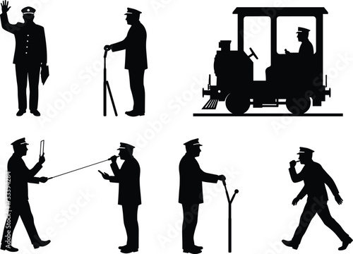Railway worker silhouette collection, conductor poses, maintenance staff, train operations, communication, signaling, inspection, transportation, uniformed personnel, rail industry tasks