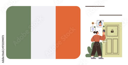 Woman interacts with a secure smart lock system while ID verification elements appear. Ideal for security, technology, innovation, authentication, modernity, Ireland themes, simple flat metaphor
