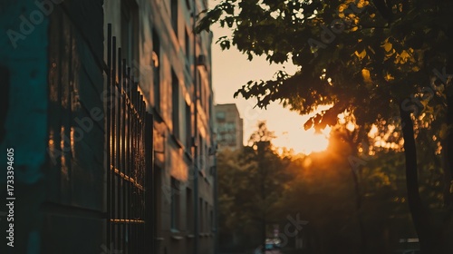 City street at sunset, buildings and trees