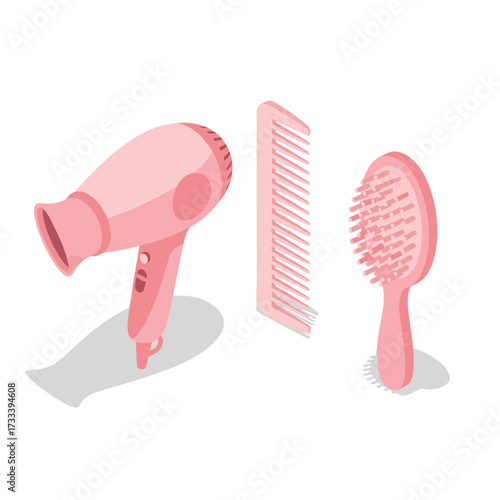 Isometric illustration of pink hair dryer comb and brush on a white background in a flat style
