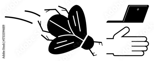 Hand swiping at a large fly near laptop, symbolizing interruptions or focus challenges. Ideal for productivity, distraction, problem-solving, technology, annoyance, pest management humor. Simple