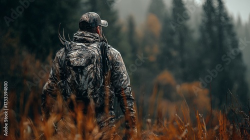 Hunter in camouflage gear walks through fall forest