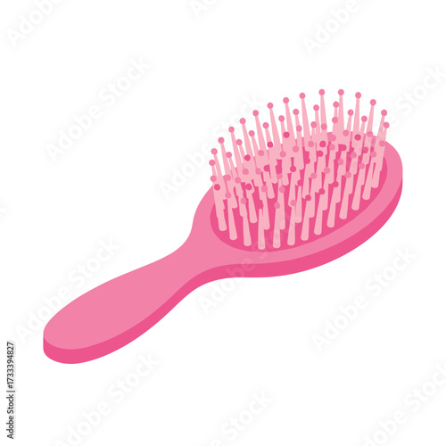 Isometric illustration of a pink hairbrush with a handle on a white background graphic design