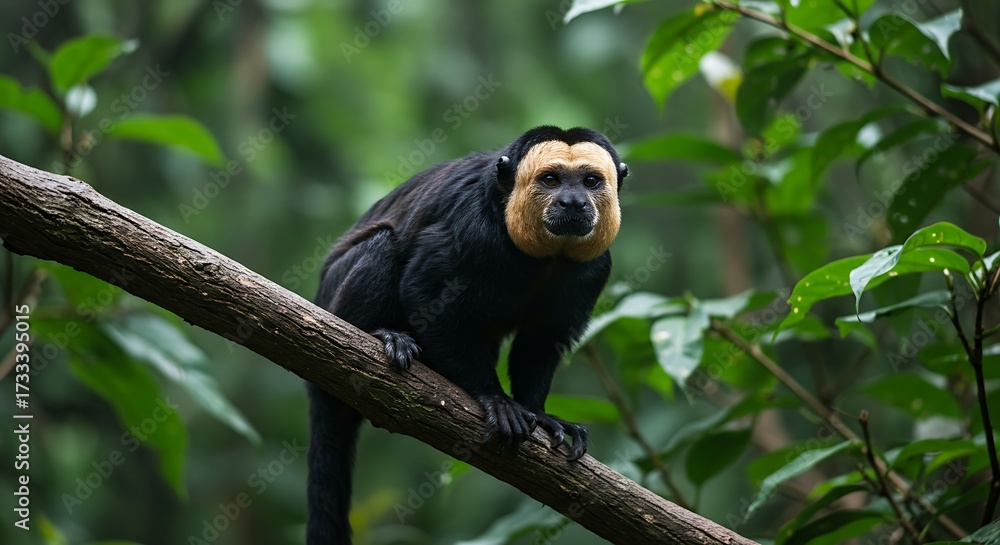 Naklejka premium White faced saki monkey perched on a tree branch with green foliage