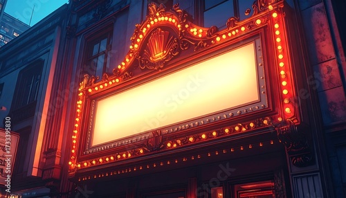 An illuminated theater marquee at dusk, with a blank display and ornate, golden accents, framed by a darkened city facade