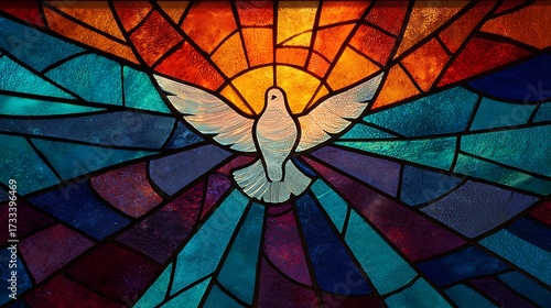 Radiant stained glass dove of peace ascending against a vibrant sunset sky