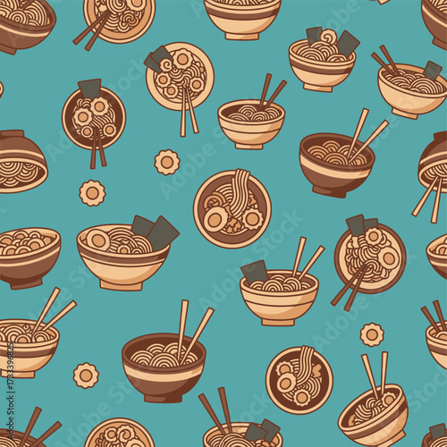 Cute Seamless Pattern of Kawai Japanese Ramen Noodle Bowls for an Asian Food Background