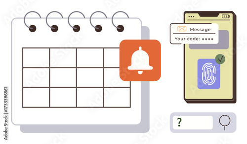 Calendar with notification alert, smartphone with fingerprint authentication and one-time code message, magnifying glass query icon. Ideal for security, alerts, productivity, scheduling