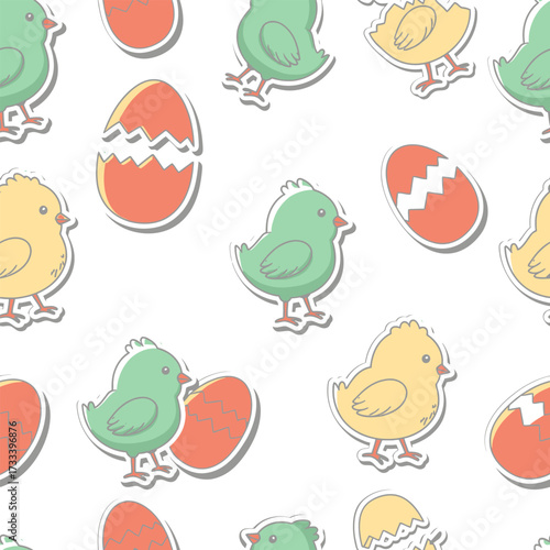 Delightful Seamless Pattern featuring Cute Kawai Easter chicks and broken eggs for festive design