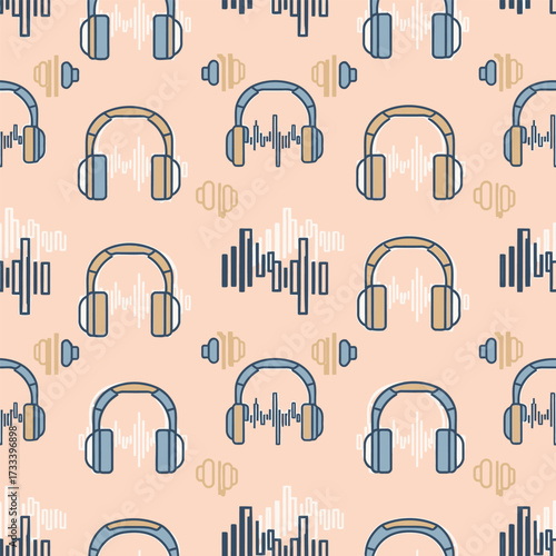 Cute Kawai headphones and audio waves vector seamless pattern for music lovers