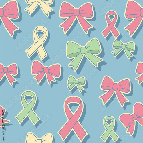 Charming Seamless Pattern featuring Cute Kawai Pastel Bows and Ribbons