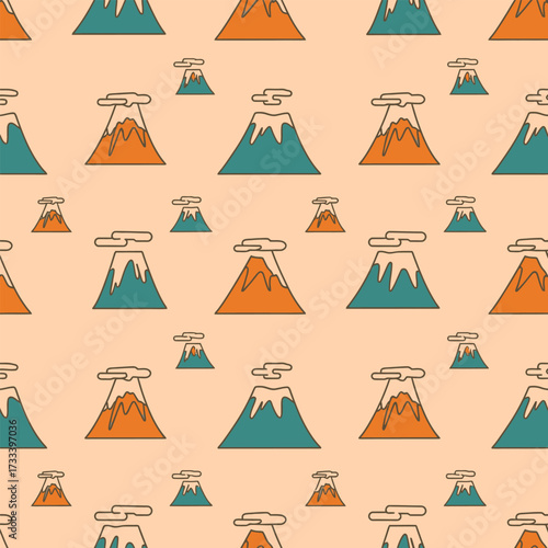 Cute Kawai Volcano Eruption Seamless Pattern Illustration for Kids Textile and Fabric Design