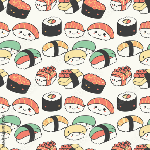 Seamless Pattern of Cute Kawaii Sushi and Rolls - Adorable Food Illustration