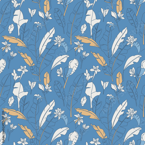 Cute Seamless Pattern of Tropical Leaves and Flowers in a Kawaii Style