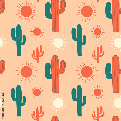 Seamless Pattern Cute Kawaii Desert Cacti Sun Illustration Graphic Design