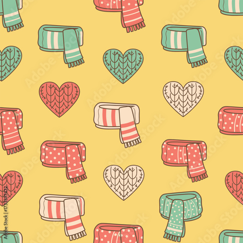 Cute Kawaii Seamless Pattern of Winter Scarves and Hearts