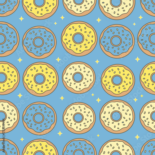 Cute Kawaii Seamless Pattern of Doughnuts and Stars on a Blue Background
