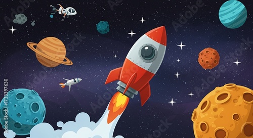 Cartoon rocket ship launching into space with planets and stars