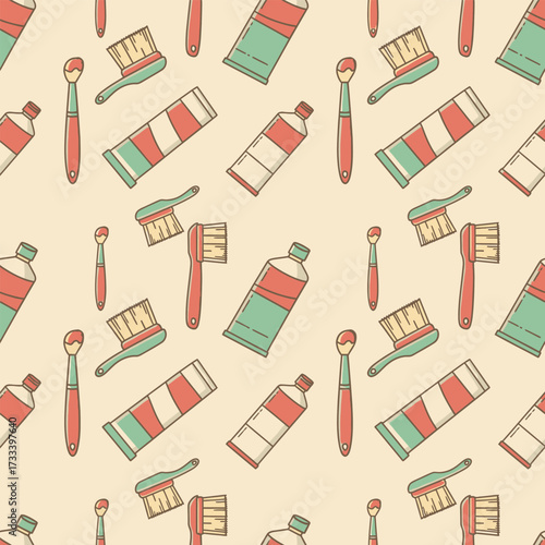 Seamless Pattern Cute Kawaii Dental Care Toothbrushes and Toothpaste Illustration