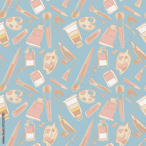Seamless Pattern, Cute, Kawaii Art Supplies and Tools, Hand Drawn Vector Illustration Background