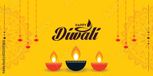 Happy Diwali Festival Background with Traditional Diyas and Mandala Design