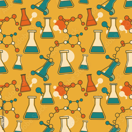 Seamless Pattern, Cute, Kawaii Chemistry Elements and Molecules on Yellow Background