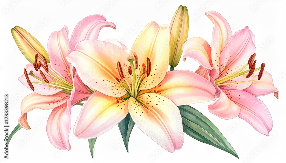 Fototapeta premium Watercolor illustration of beautiful, open lilies in shades of peach and yellow
