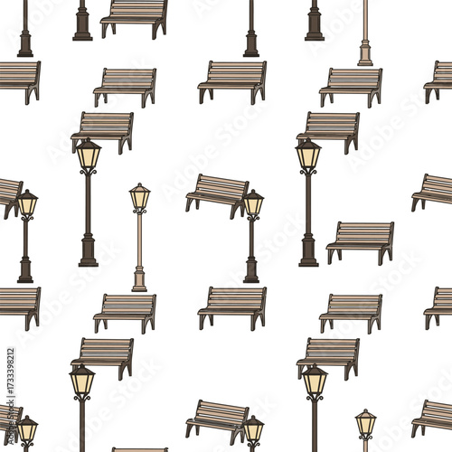 Seamless Pattern Cute Kawai Park Benches and Street Lamps for Design Projects