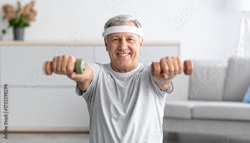 Active Senior Smiling While Exercising with Weights at Home, Healthy senior man working out with dumbbells in a bright and modern living room