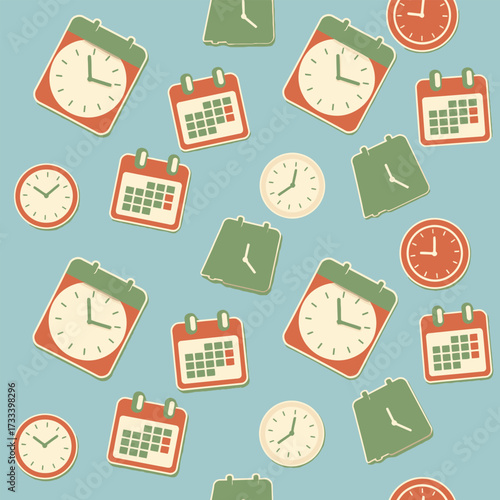 Seamless Pattern Featuring Cute Kawaii Calendars and Clocks in a Retro Style Design